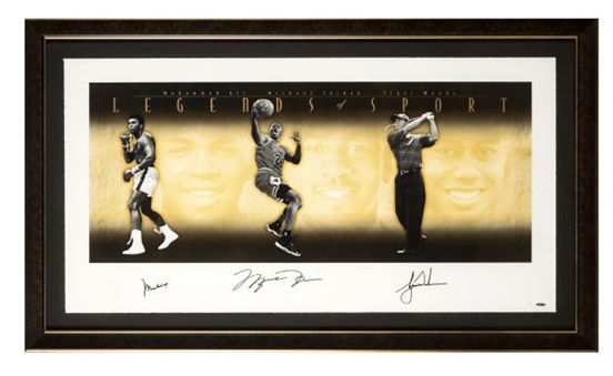 Legends of Sports Muhammad Ali, Michael Jordan and Tiger Woods Signed and Framed Lithograph (140/500) (Upper Deck Authenticated)